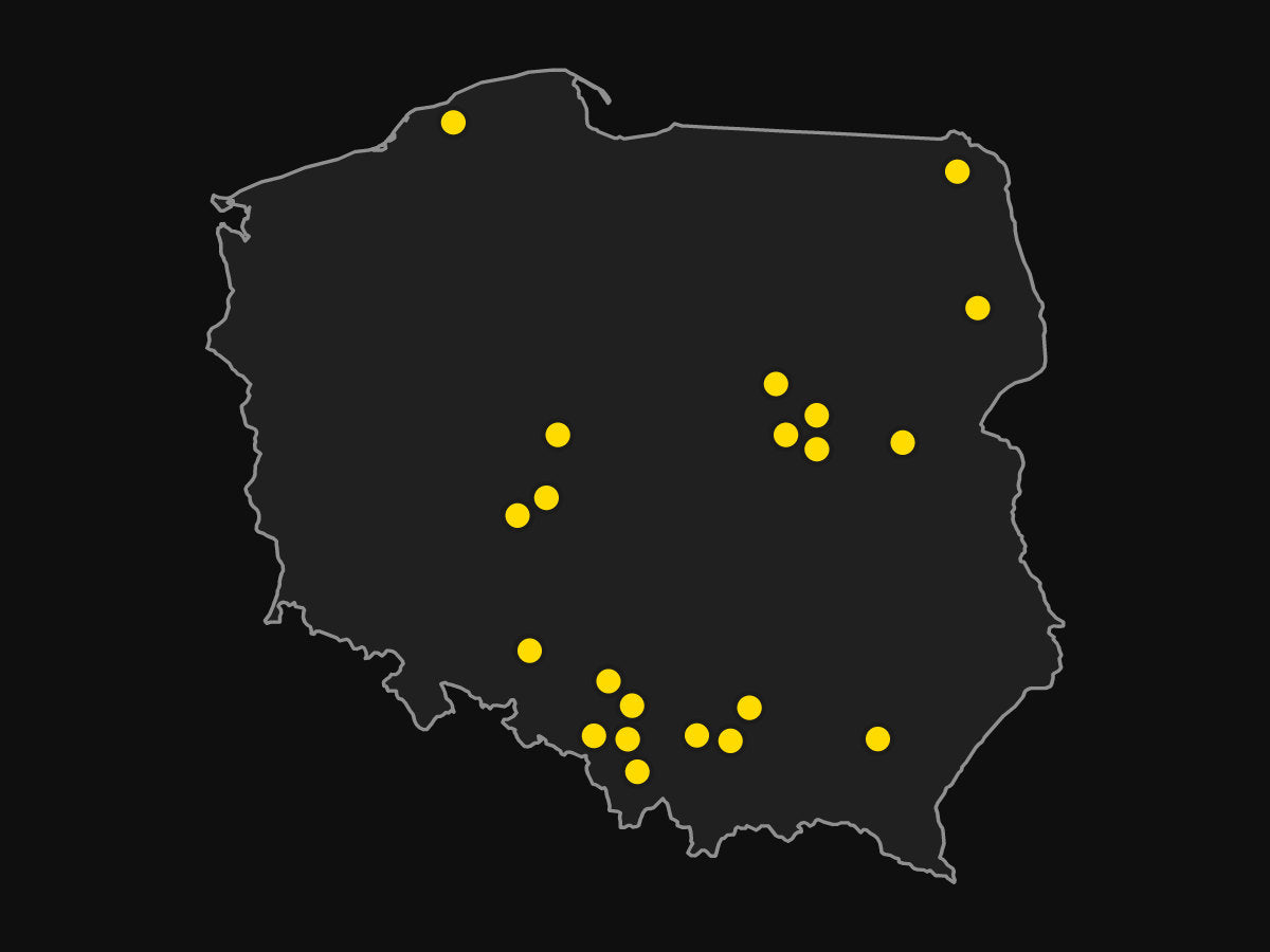 Mapa Polski z 21 autoryzowanymi serwisami MOTUS zaznaczonymi na żółto, od Słupska i Suwałk po Śląsk, Kraków i Rzeszów