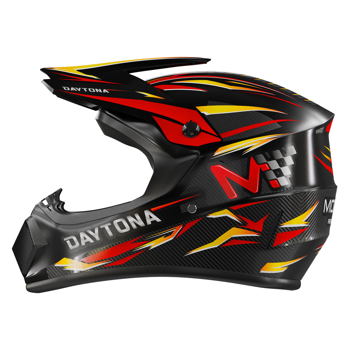 Kask full face MOTUS Daytona Performance z lewego boku na białym tle: daszek, osłona szczęki, logo M z szachownicą i napis DAYTONA.