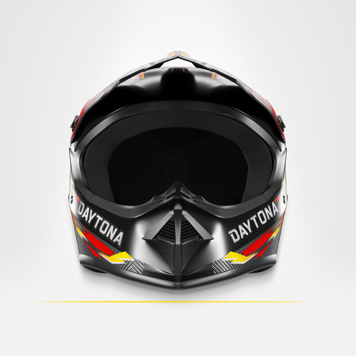 Kask full face MOTUS Daytona Performance z przodu: osłona szczęki z kratką, otwarte okno i napisy DAYTONA po obu stronach.