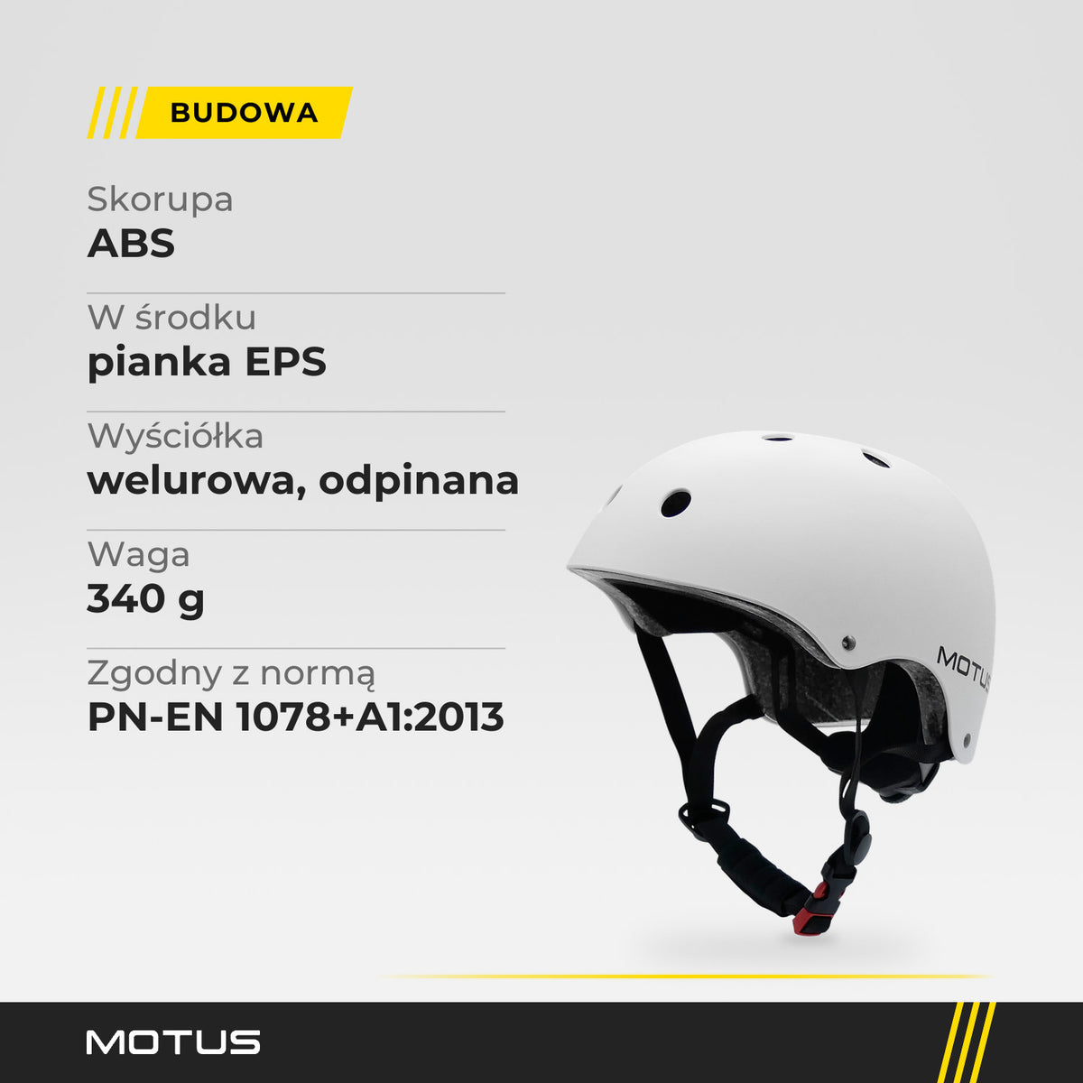 Biały kask MOTUS 3/4 od przodu: skorupa ABS, w środku pianka EPS i welurowa wyściółka, waga 340 g, zgodny z normą PN-EN 1078+A1:2013.
