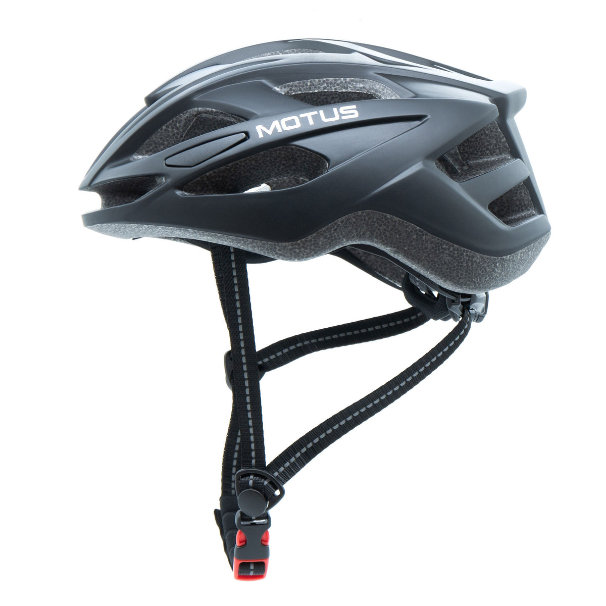 Kask rowerowy MOTUS HT-15 czarny mat z boku: białe logo MOTUS, otwory wentylacyjne, regulowane paski i czerwono-czarna klamra.