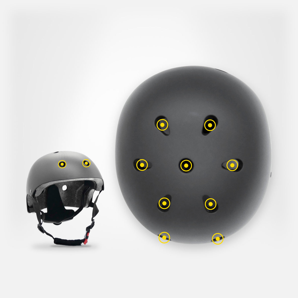 Kask regulowany MOTUS czarny z góry i od przodu z zaznaczonymi otworami wentylacyjnymi.