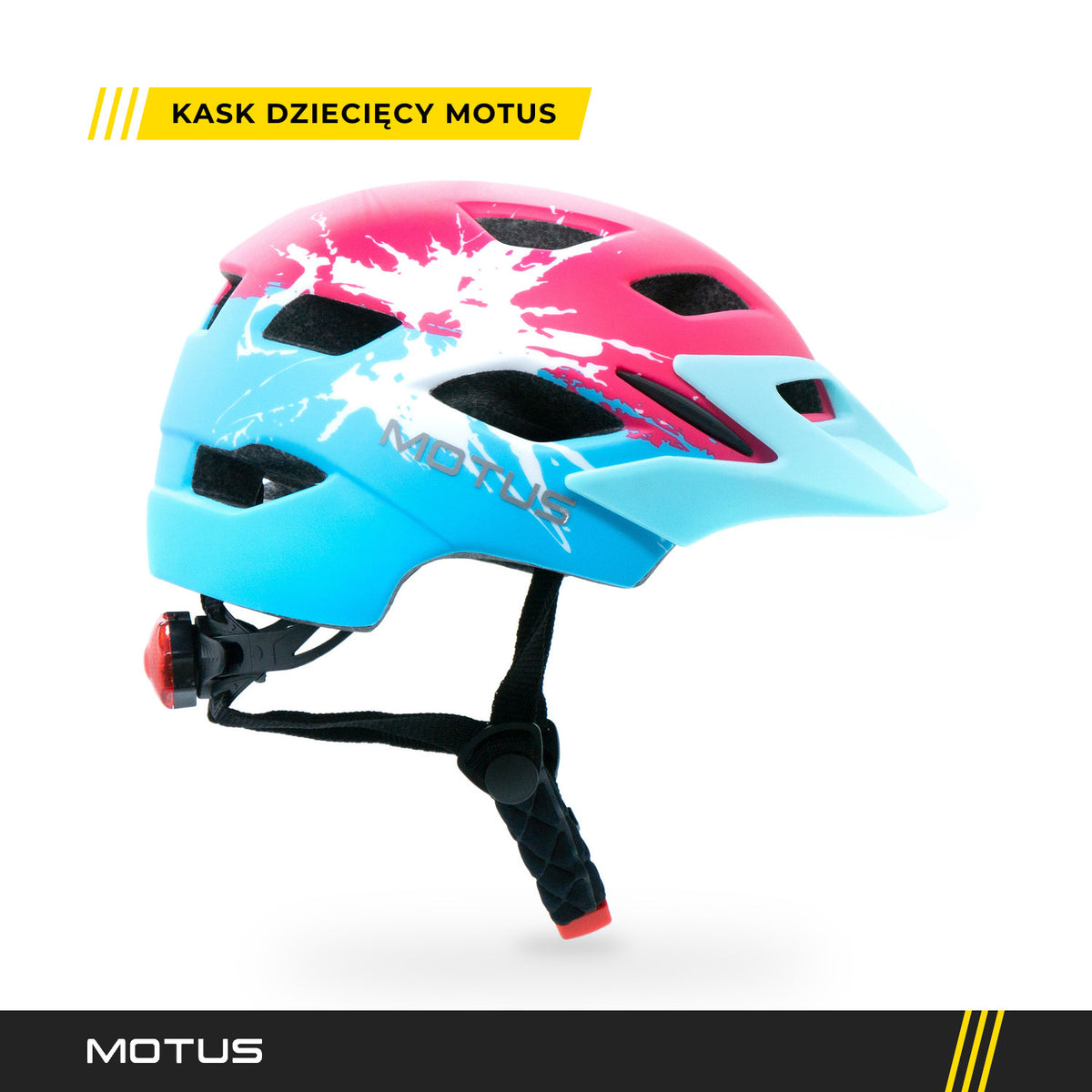 Kask dziecięcy MOTUS MTB czerwono-niebieski z daszkiem, widok z prawego boku: biały wzór, szare logo MOTUS i pokrętło regulacji z tyłu.