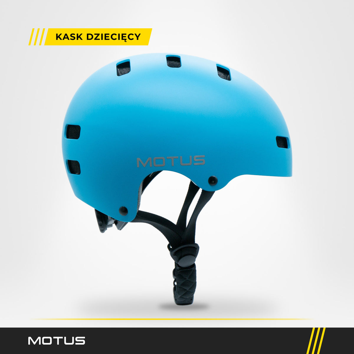 Kask dziecięcy MOTUS niebieski, widok z prawego boku: gładka skorupa bez daszka, szare logo MOTUS i czarne paski z klamrą.