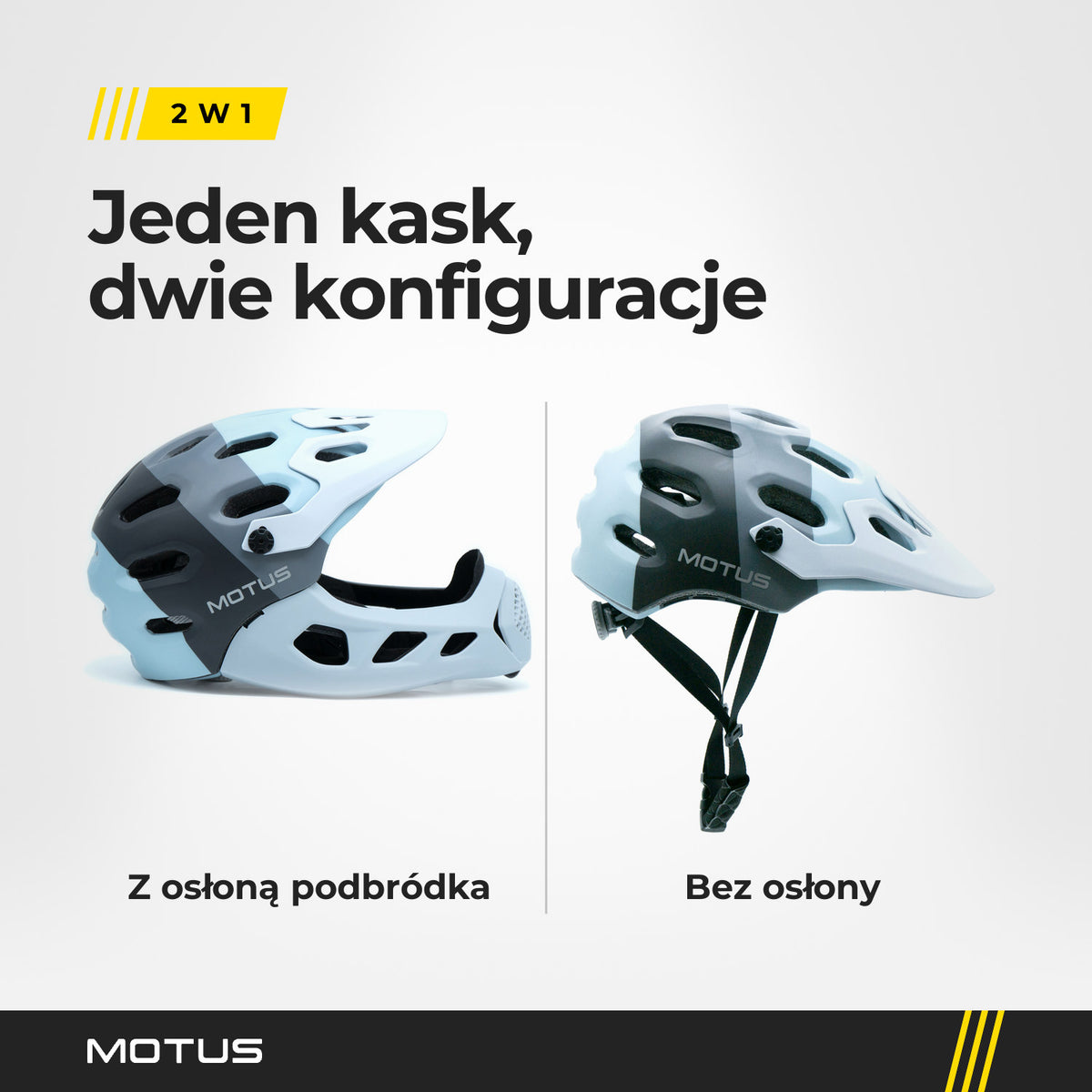 Kask MOTUS MTB szary w dwóch konfiguracjach: z założoną osłoną podbródka i bez osłony, oba ujęcia z boku.