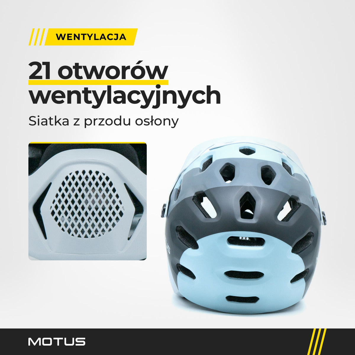 Kask MOTUS MTB szary od tyłu, napis: 21 otworów wentylacyjnych. Obok zbliżenie siatki z przodu osłony podbródka.