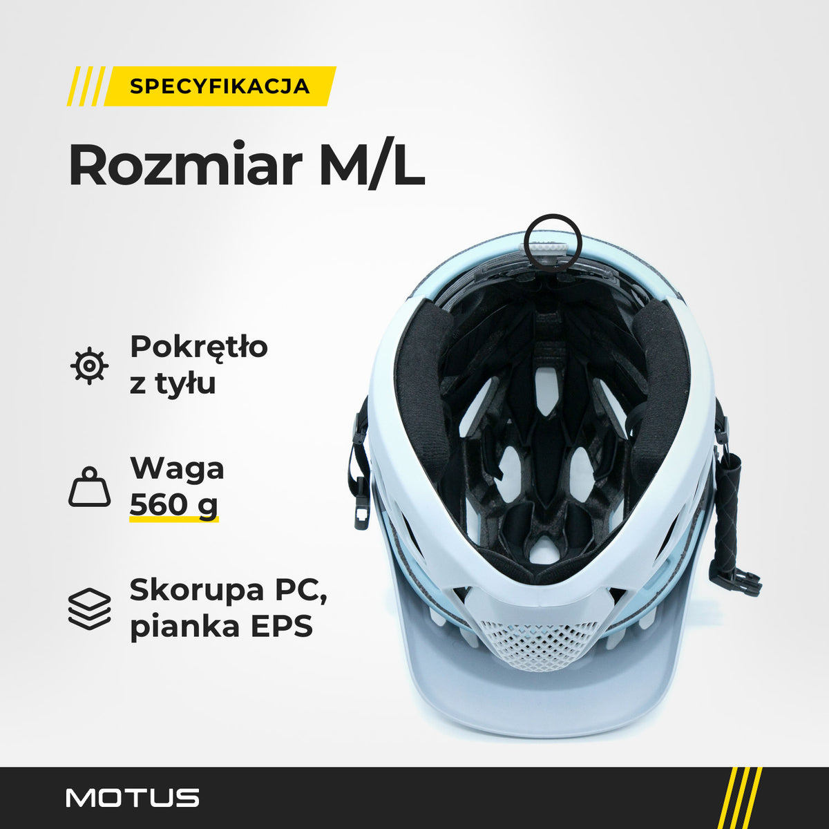 Wnętrze kasku MOTUS MTB szarego: wkładki, pokrętło regulacji z tyłu, paski i klamra. Rozmiar M/L, waga 560 g, skorupa PC, pianka EPS.
