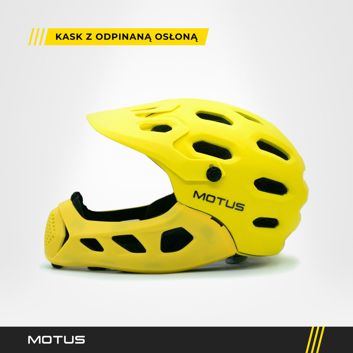 Kask MOTUS MTB żółty z założoną osłoną podbródka i daszkiem, widok z boku, logo MOTUS na skorupie.