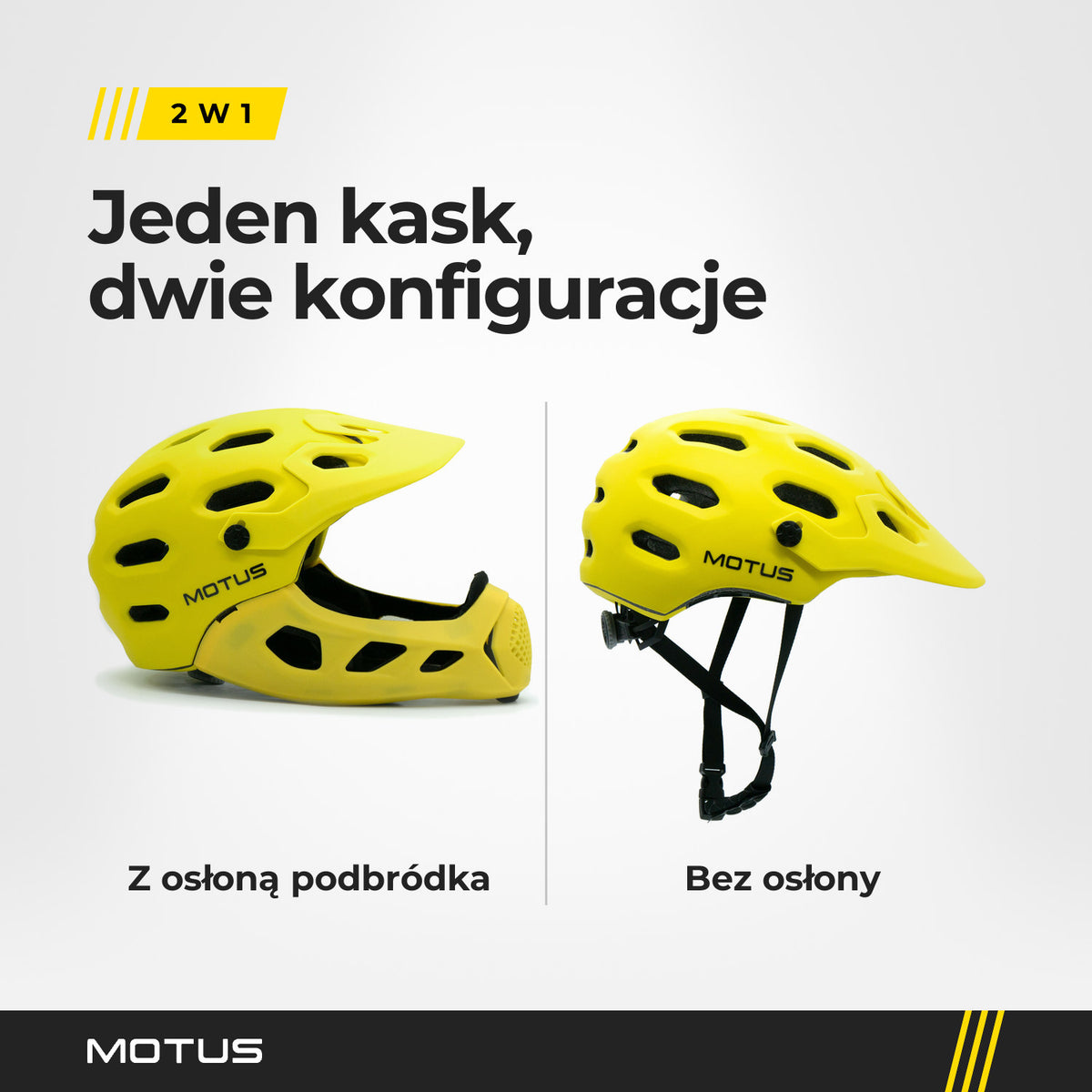 Kask MOTUS MTB żółty w dwóch konfiguracjach: z założoną osłoną podbródka i bez osłony, oba ujęcia z boku.
