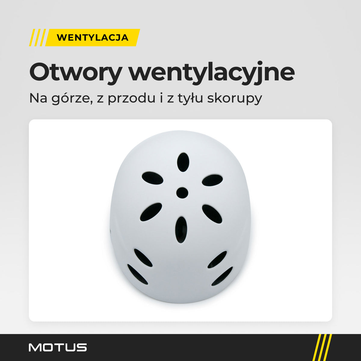 Biały kask MOTUS HT-40 z góry: otwory wentylacyjne na czaszy i z przodu skorupy.