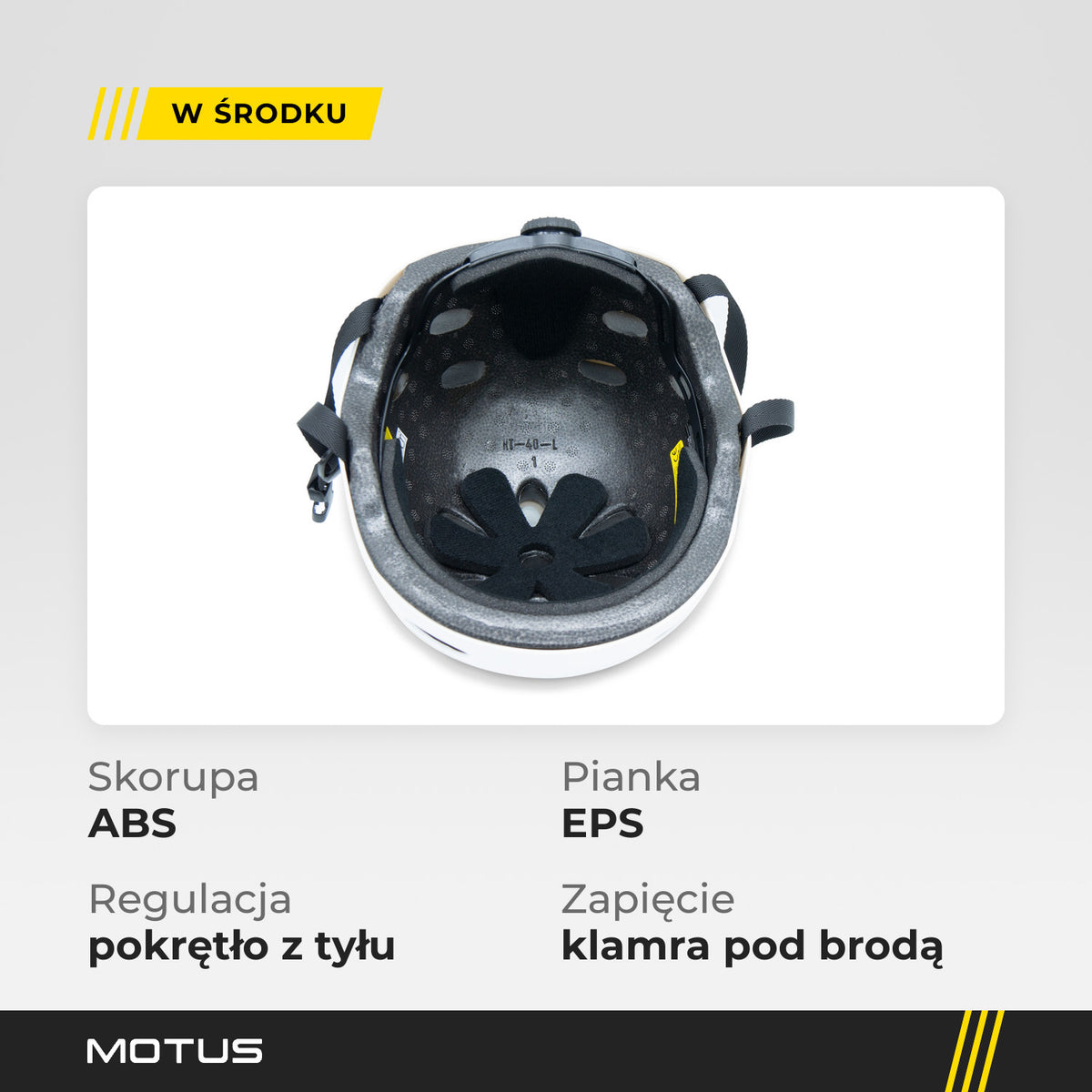 Wnętrze białego kasku MOTUS HT-40: pianka EPS, wkładki wyściółki i pokrętło regulacji. Skorupa ABS, zapięcie klamrą pod brodą.
