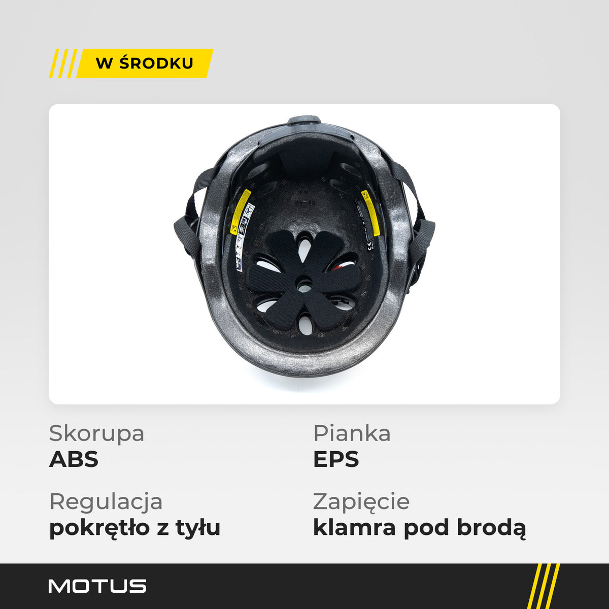 Wnętrze czarnego kasku MOTUS HT-40: pianka EPS, wkładki wyściółki i pokrętło regulacji. Skorupa ABS, zapięcie klamrą pod brodą.