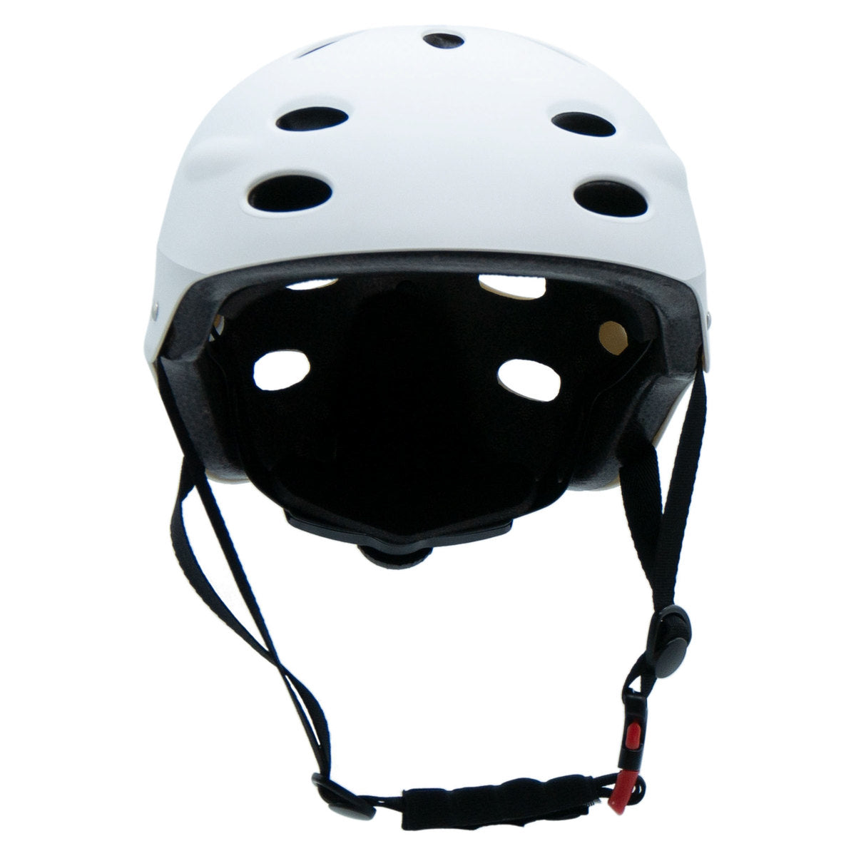 Biały kask MOTUS HT-40 od przodu: wnętrze, paski, nakładka pod brodą i czerwona klamra.