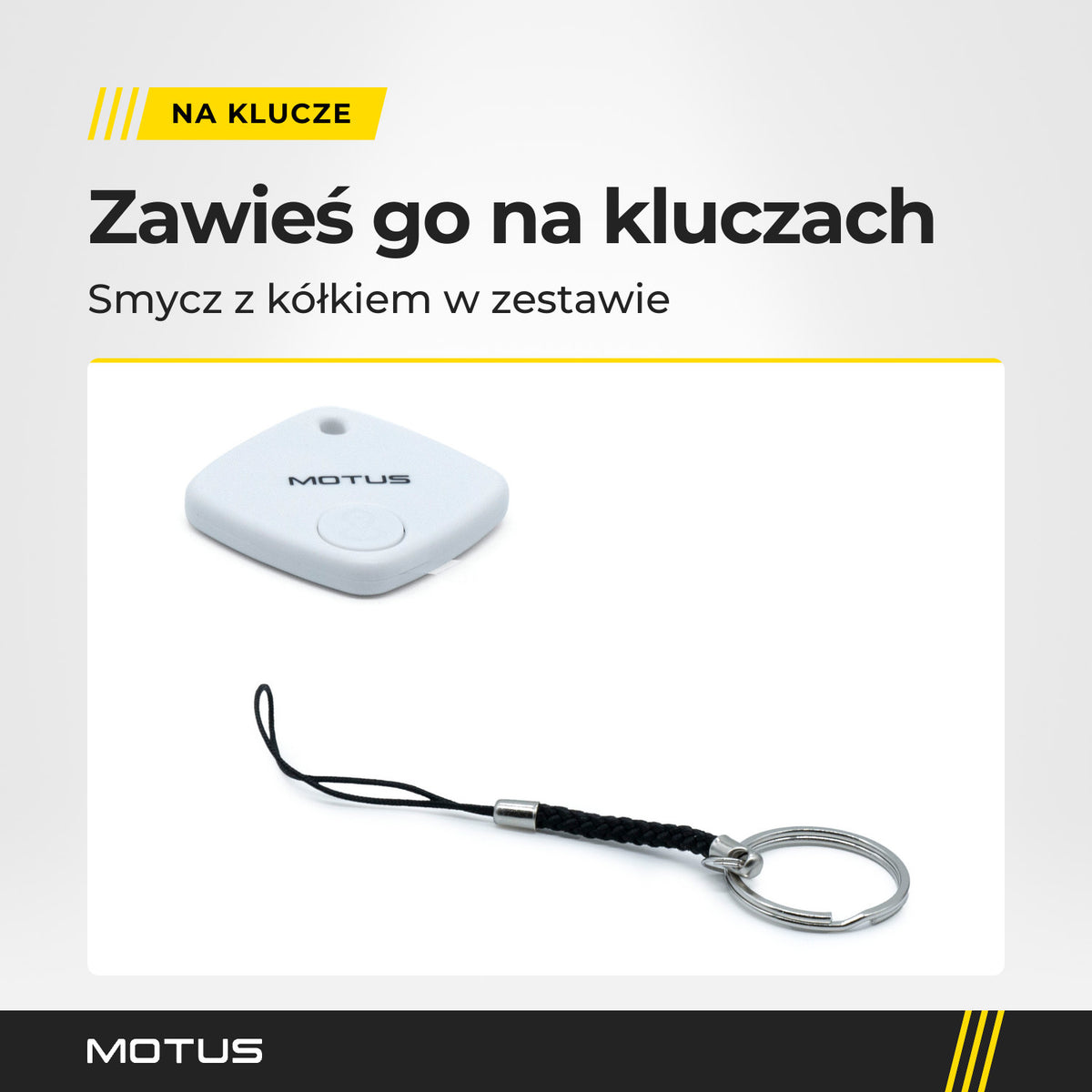 Lokalizator MOTUS Find Me obok czarnej smyczy z kółkiem na klucze, która jest w zestawie.