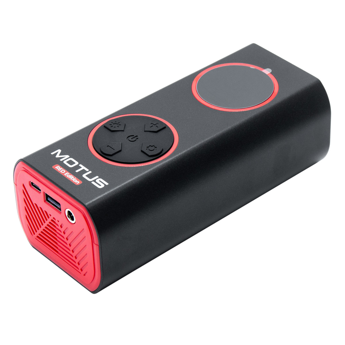 MOTUS AirPump PRO w kolorze czerwonym - widok pod kątem od strony gniazd ładowania