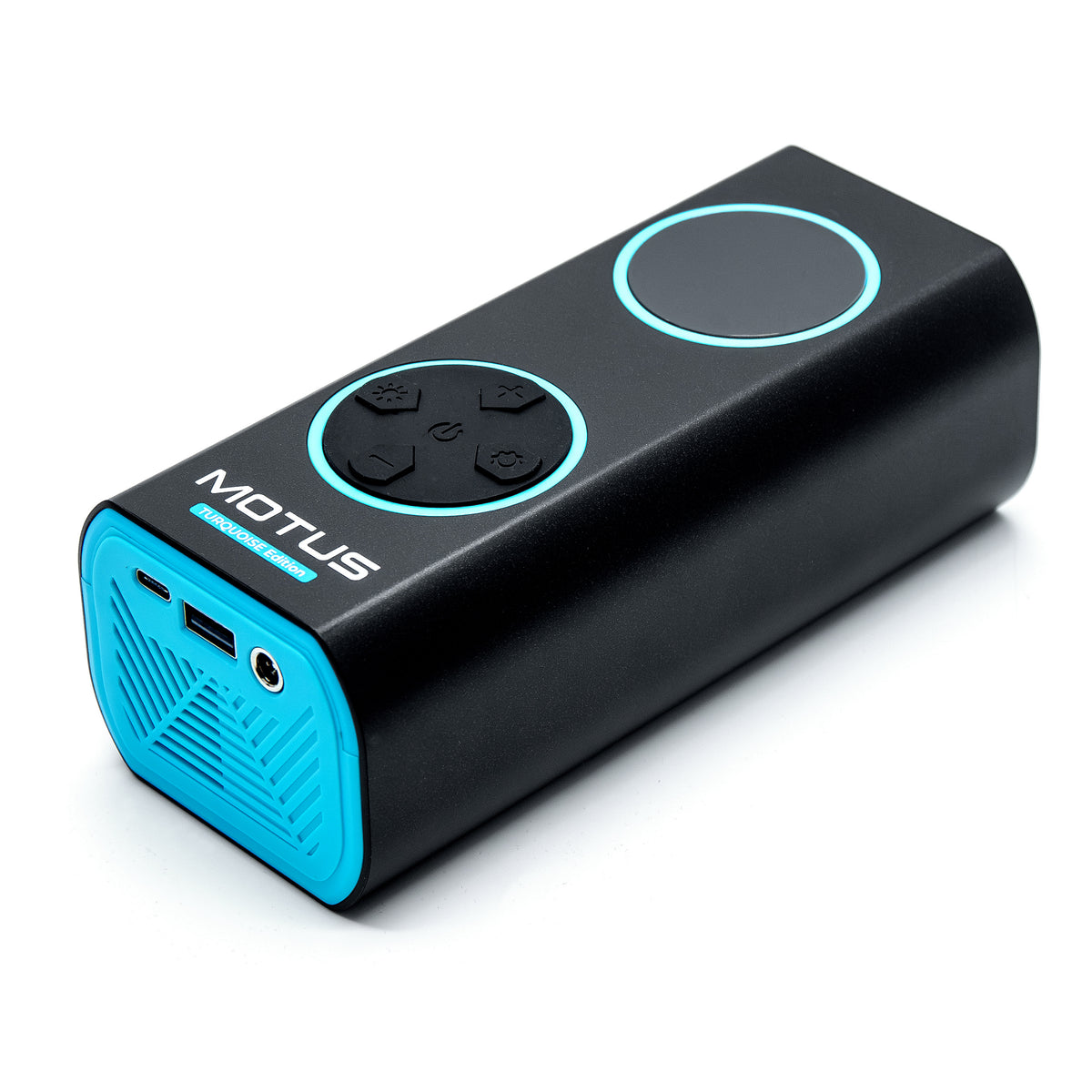 MOTUS AirPump PRO w kolorze turkusowym - widok pod kątem od strony gniazd ładowania