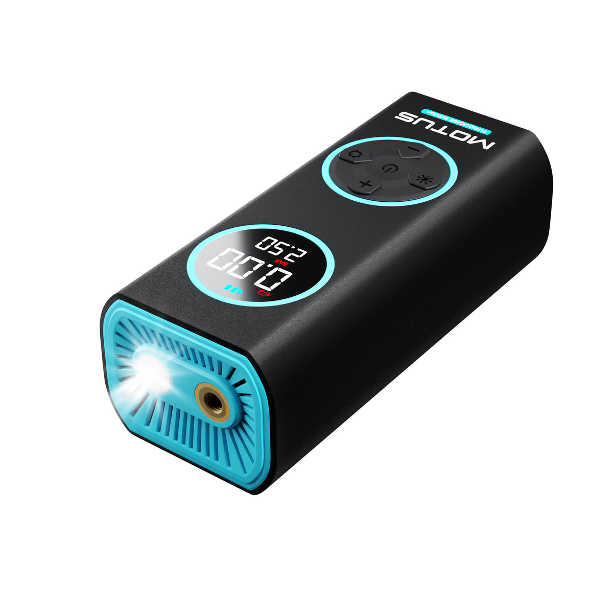 MOTUS AirPump PRO w kolorze turkusowym - z włączoną latarką LED