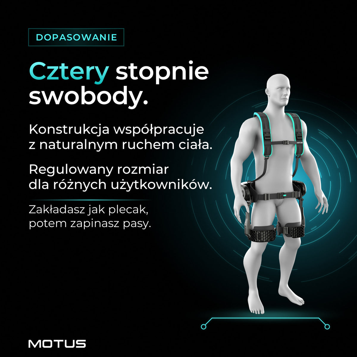 Motus Atlas Back - active na manekinie, widok 3/4: cztery stopnie swobody, regulowany rozmiar, zakładanie jak plecak.