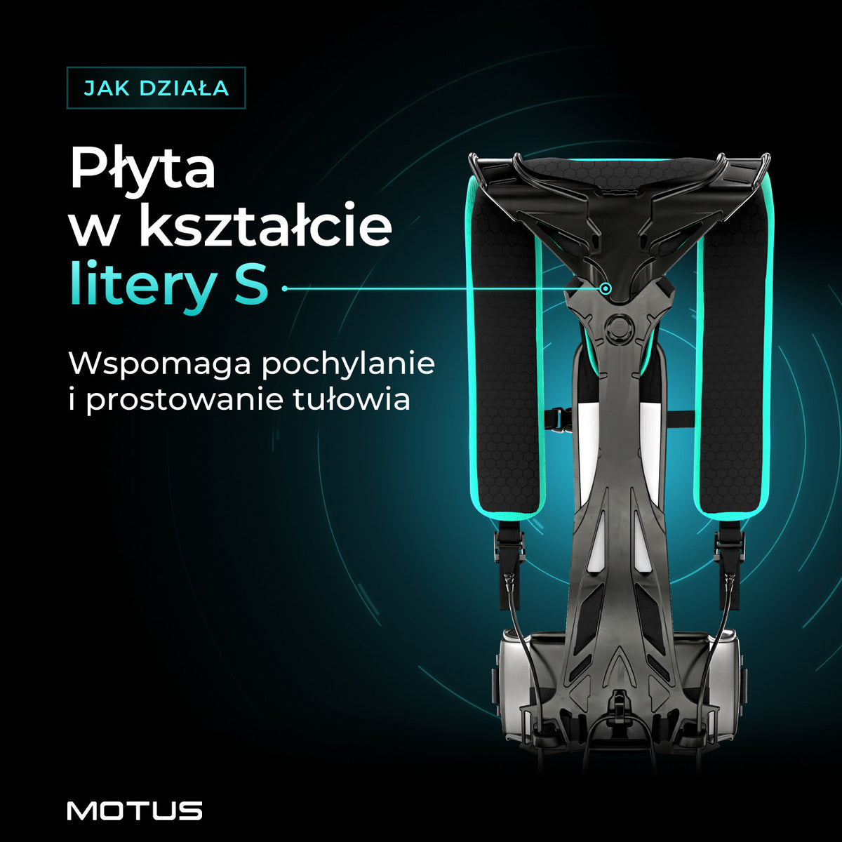 Egzoszkielet Motus Atlas Back - passive od tyłu: elastyczna płyta tylna w kształcie litery S, która wspomaga pochylanie i prostowanie tułowia.