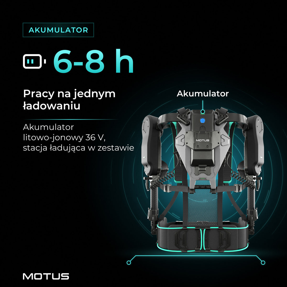 Egzoszkielet Motus Atlas UP - active od tyłu z akumulatorem litowo-jonowym 36 V: 6-8 h pracy na jednym ładowaniu, stacja ładująca w zestawie.