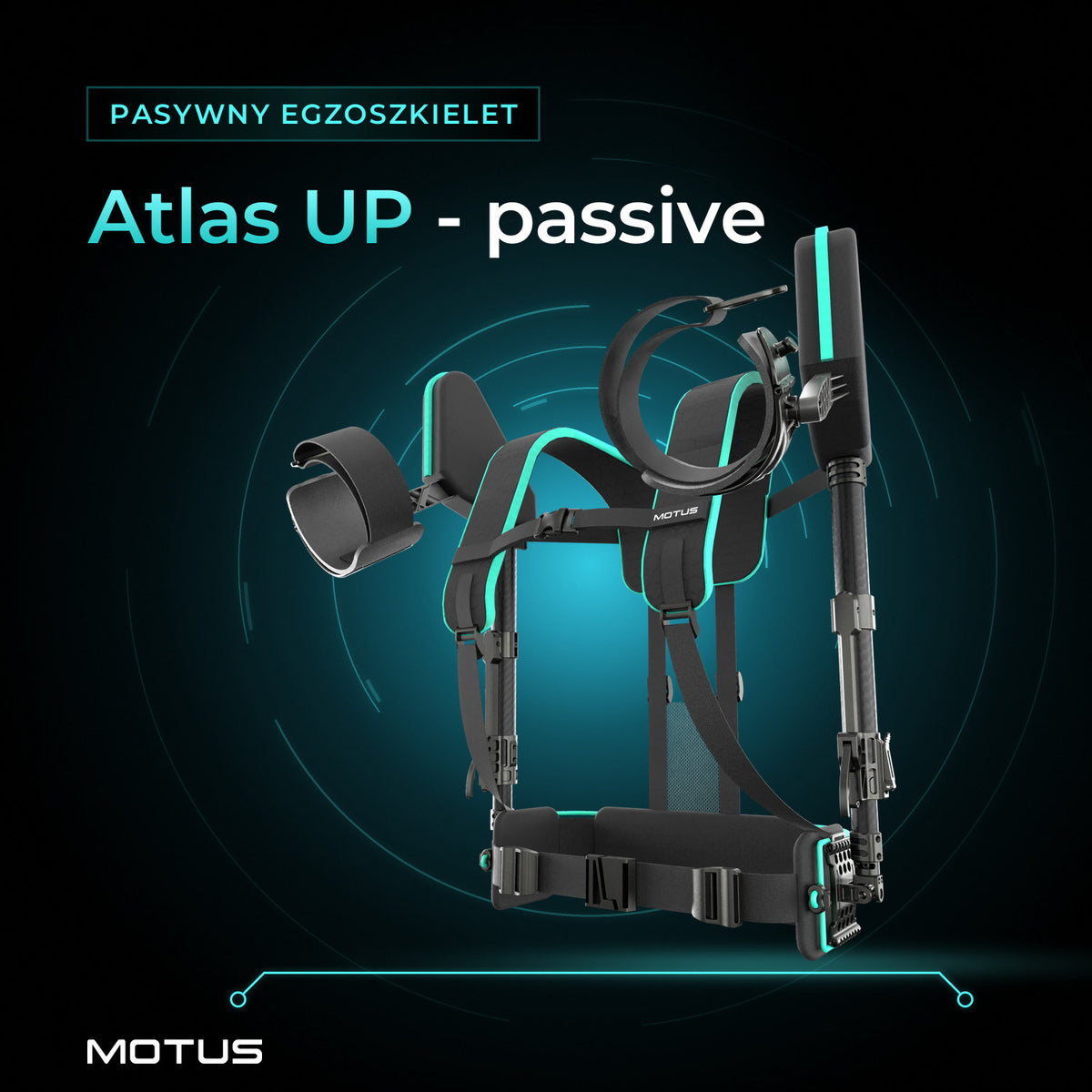 Pasywny egzoszkielet MOTUS Atlas UP - passive w widoku z lewej strony, od przodu, na czarnym tle z turkusową poświatą.