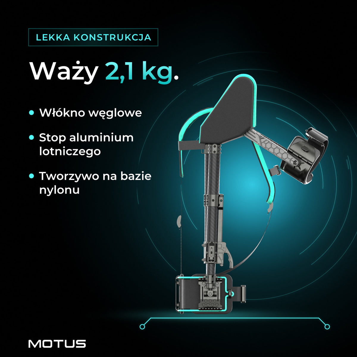 Atlas UP - passive waży 2,1 kg. Materiały: włókno węglowe, stop aluminium lotniczego, tworzywo na bazie nylonu.