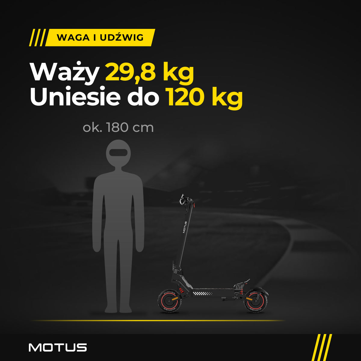 MOTUS Daytona 10 Max z profilu obok sylwetki człowieka ok. 180 cm: waga 29,8 kg, udźwig do 120 kg.