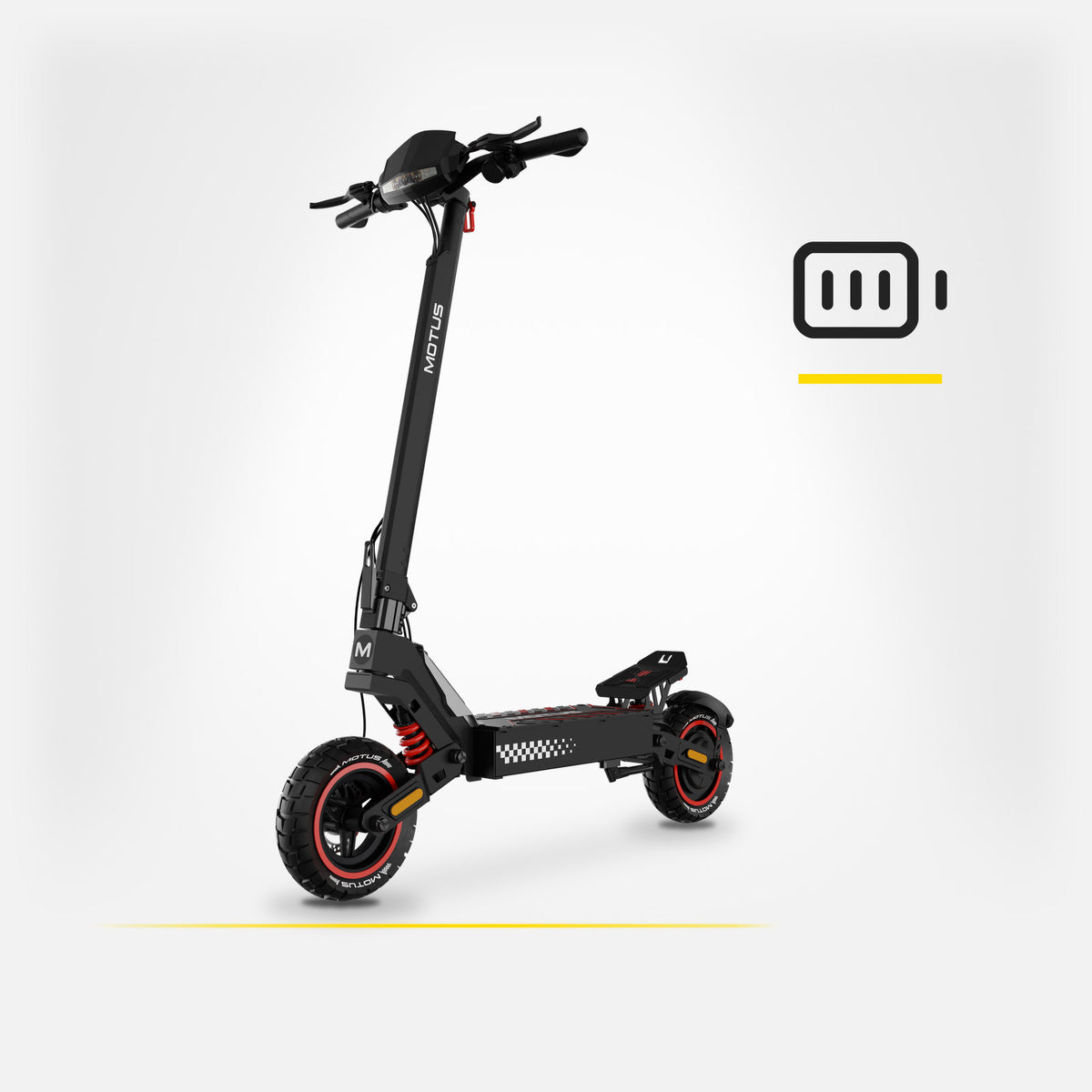 Hulajnoga elektryczna MOTUS Daytona 10, widok 3/4 z przodu, i ikona baterii, jasne studio.