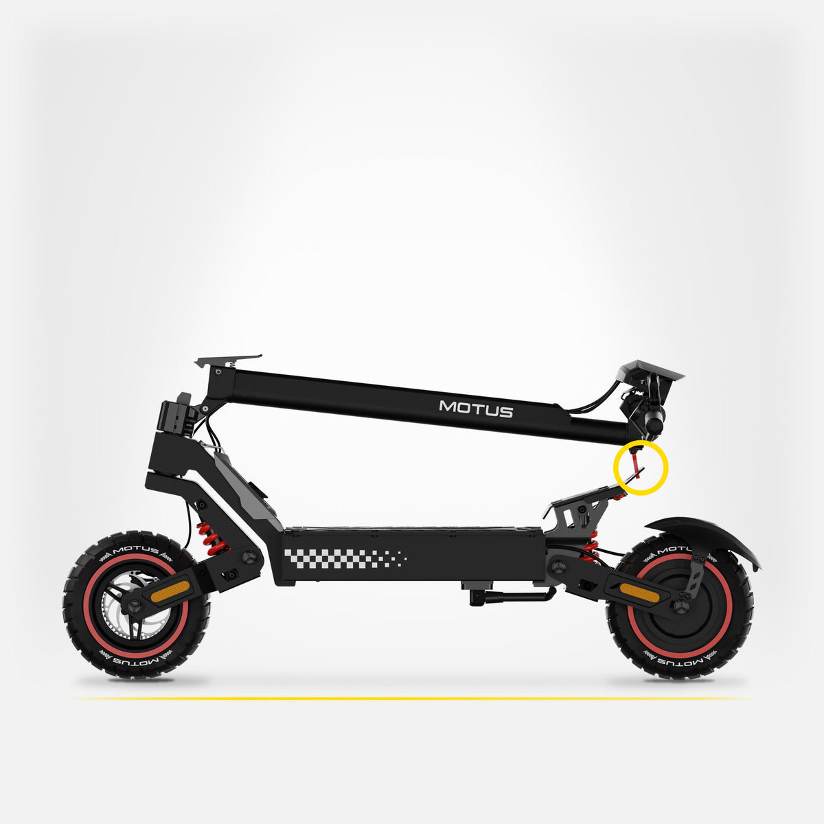 Złożona hulajnoga elektryczna MOTUS Daytona 10 z profilu, kolumna zaczepiona z tyłu, jasne studio.