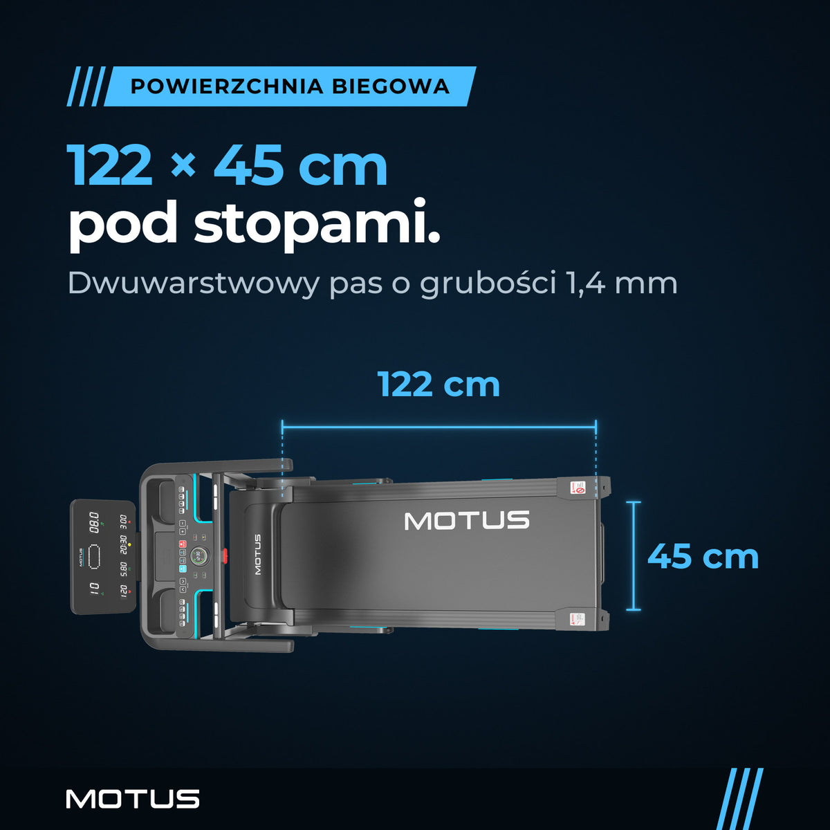 Bieżnia MOTUS RUN 200 z góry, powierzchnia biegowa 122 × 45 cm zaznaczona liniami, pas dwuwarstwowy 1,4 mm.