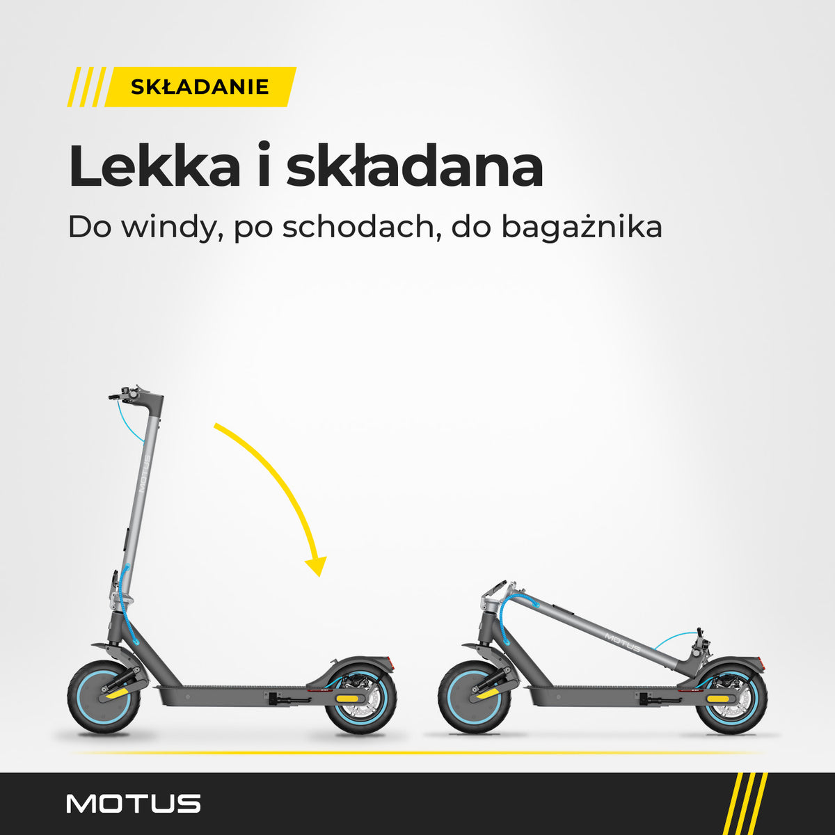 Hulajnoga elektryczna MOTUS Scooty 10 Elite rozłożona i złożona, z boku, w tej samej skali.