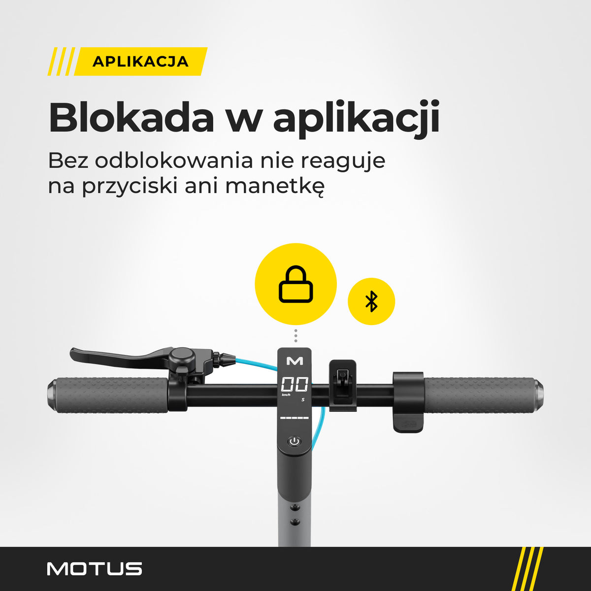 Kierownica hulajnogi elektrycznej MOTUS Scooty 10 Elite z wyświetlaczem i ikoną kłódki: blokada w aplikacji przez Bluetooth.