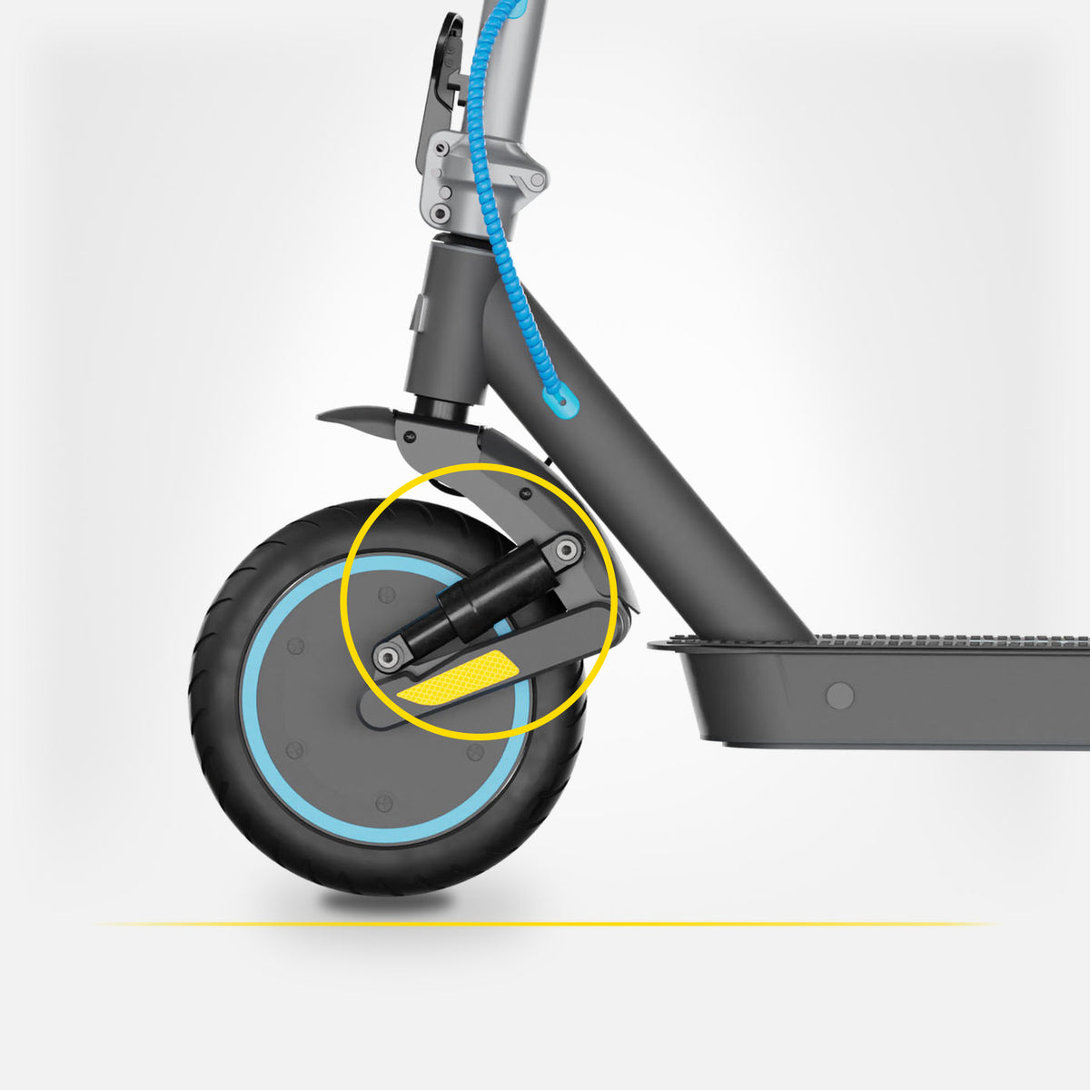 Przednie koło hulajnogi elektrycznej MOTUS Scooty 10 Elite z amortyzatorem, koło 10 cali z niebieską obręczą.