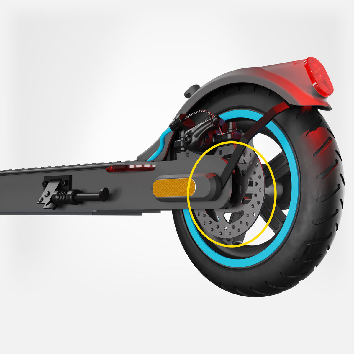 Hamulec tarczowy hulajnogi elektrycznej MOTUS Scooty 10 Elite z bliska, tarcza zaznaczona żółtym okręgiem.