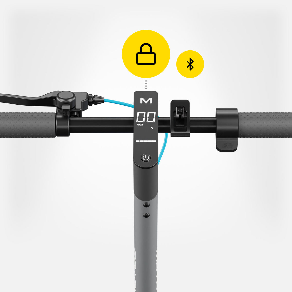 Kierownica hulajnogi elektrycznej MOTUS Scooty 10 Elite z wyświetlaczem, obok ikony kłódki i Bluetooth: blokada w aplikacji.