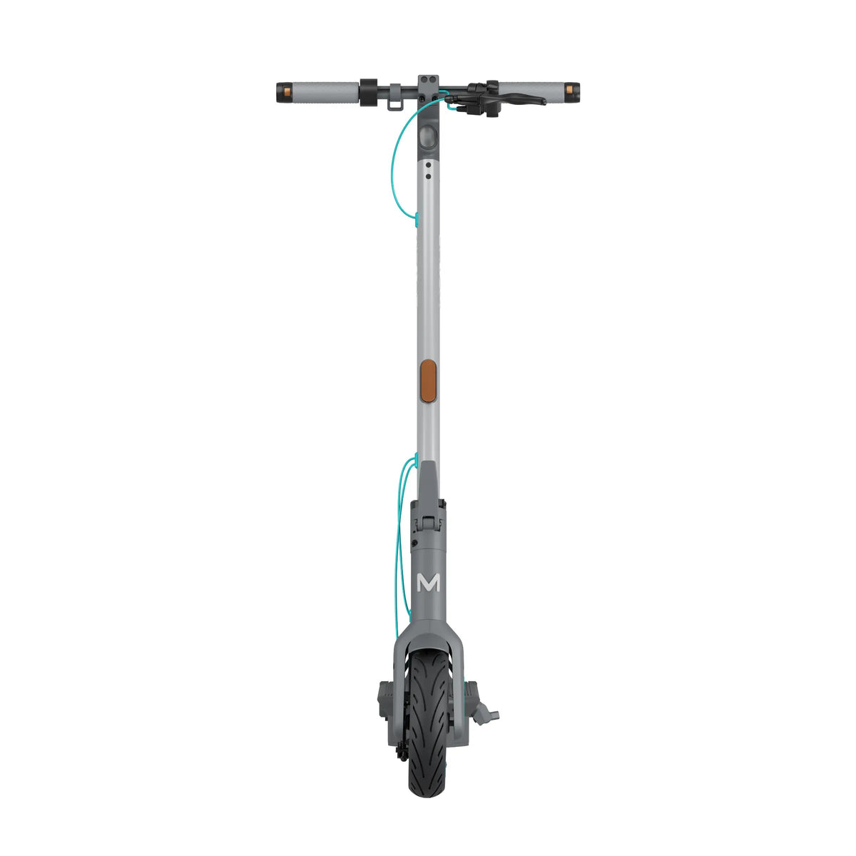 Hulajnoga elektryczna MOTUS Scooty 10 GEN6 od przodu: kierownica, kolumna i przednie koło, na białym tle.
