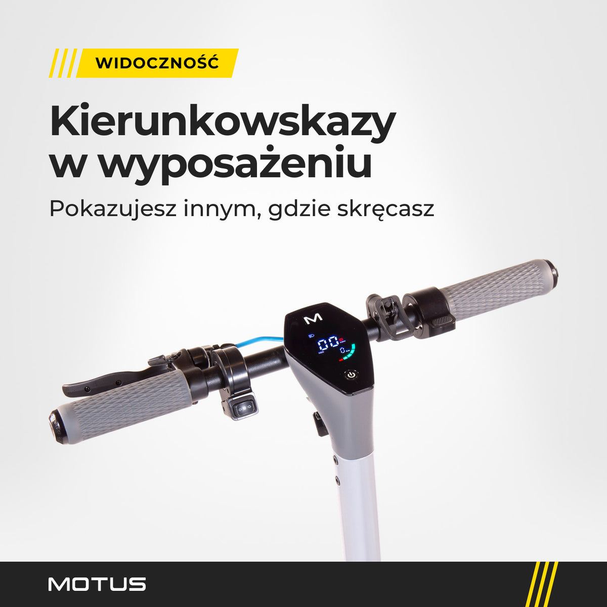 Kierownica hulajnogi elektrycznej MOTUS Scooty 10 GEN4 z włączonym wyświetlaczem: kierunkowskazy w wyposażeniu.