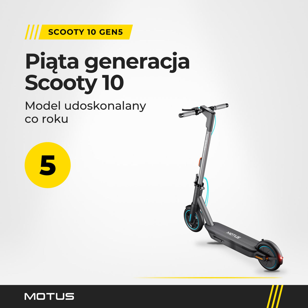 Hulajnoga elektryczna MOTUS Scooty 10 GEN5, widok 3/4 z tyłu z góry: piąta generacja modelu Scooty 10.