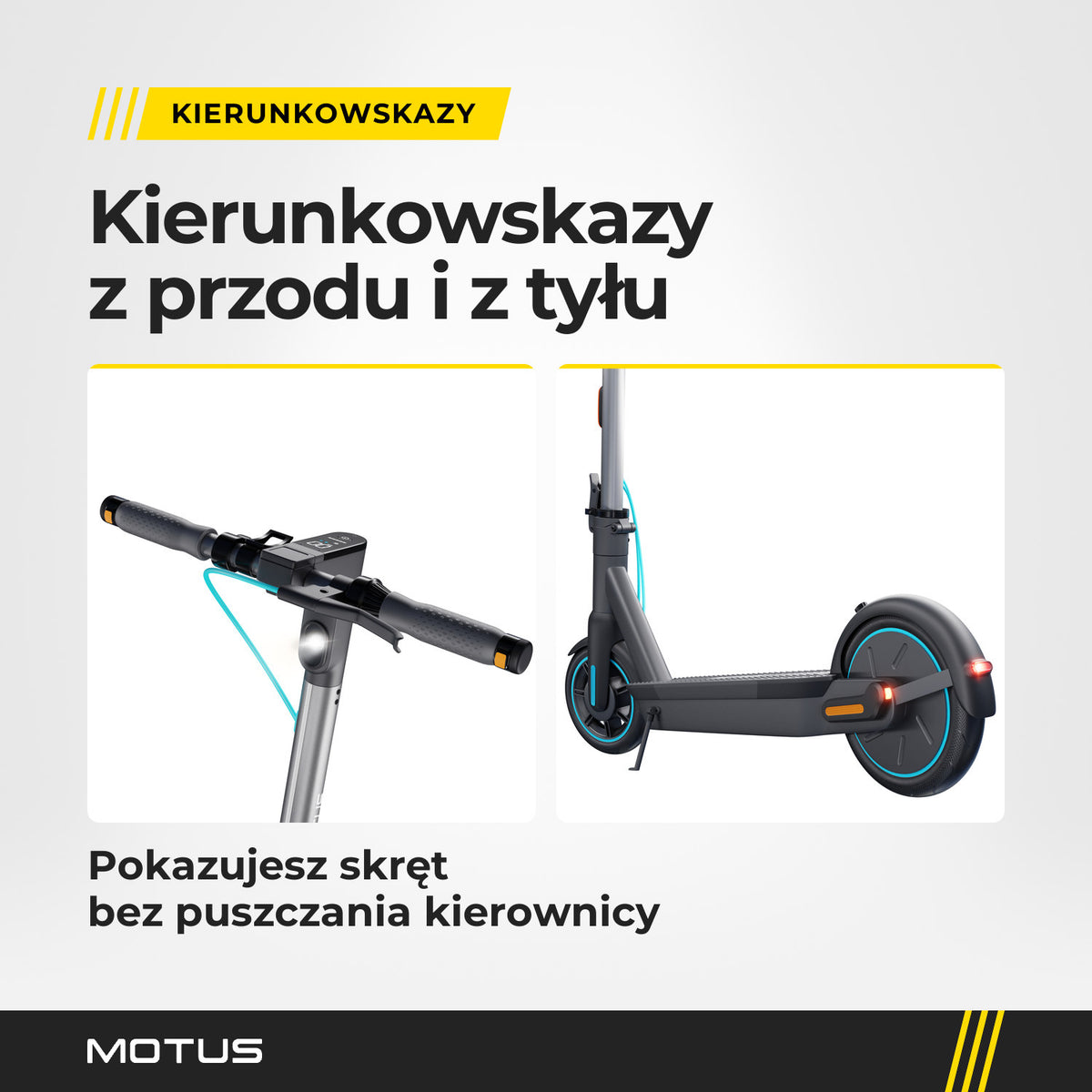 Kierownica z zapaloną lampą i tył z zapalonym światłem hulajnogi elektrycznej MOTUS Scooty 10 GEN5: kierunkowskazy z przodu i z tyłu.