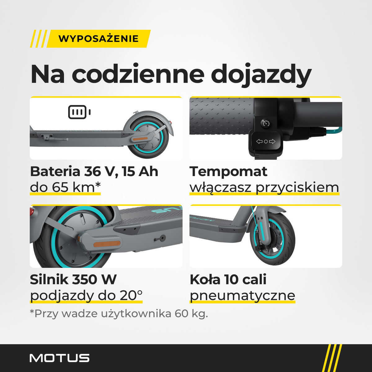 Zbliżenia hulajnogi elektrycznej MOTUS Scooty 10 GEN6: zasięg do 65 km przy 60 kg, przycisk tempomatu, silnik 350 W w tylnym kole, koła 10 cali.
