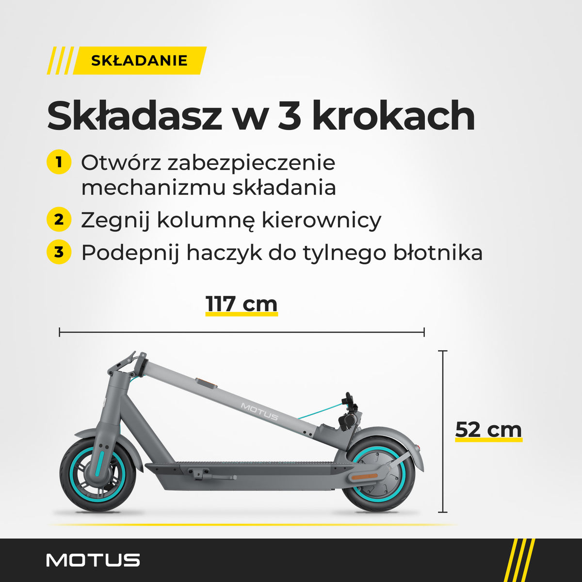 Złożona hulajnoga elektryczna MOTUS Scooty 10 GEN6 z profilu, 3 kroki składania i wymiary po złożeniu: 117 × 47,2 × 52 cm.