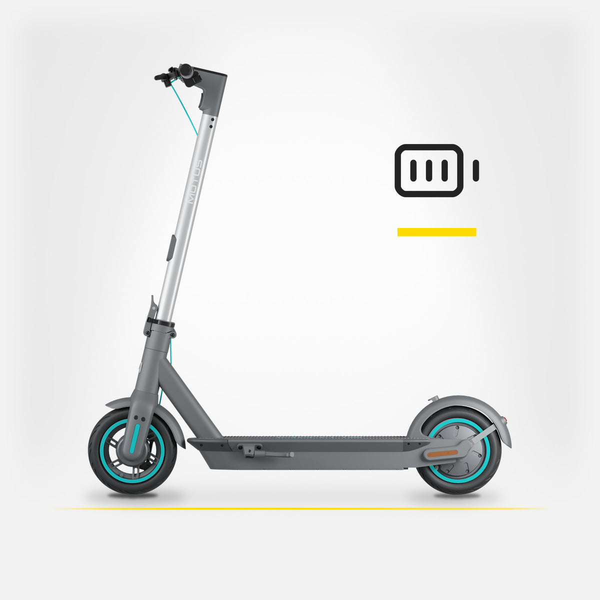 Hulajnoga elektryczna MOTUS Scooty 10 GEN6 z profilu i ikona baterii 36 V 15 Ah, jasne studio.