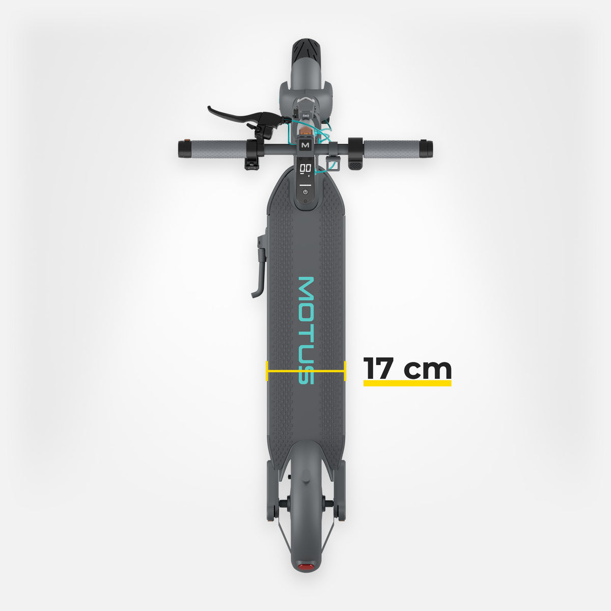 Hulajnoga elektryczna MOTUS Scooty 10 GEN6 widziana z góry: podest z napisem MOTUS o szerokości 17 cm i kierownica, jasne studio.