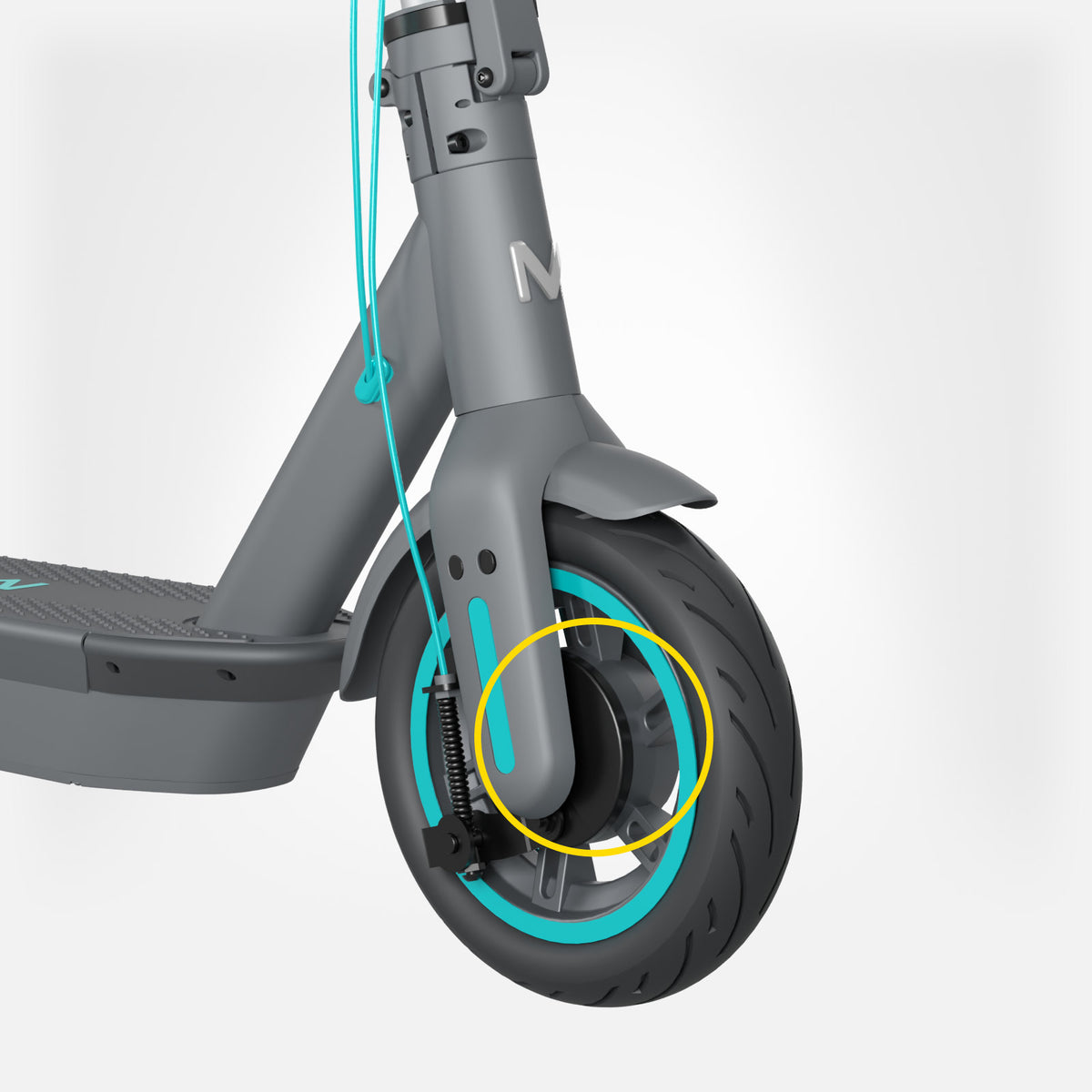 Przednie koło hulajnogi elektrycznej MOTUS Scooty 10 GEN6 z hamulcem bębnowym w piaście, jasne studio.