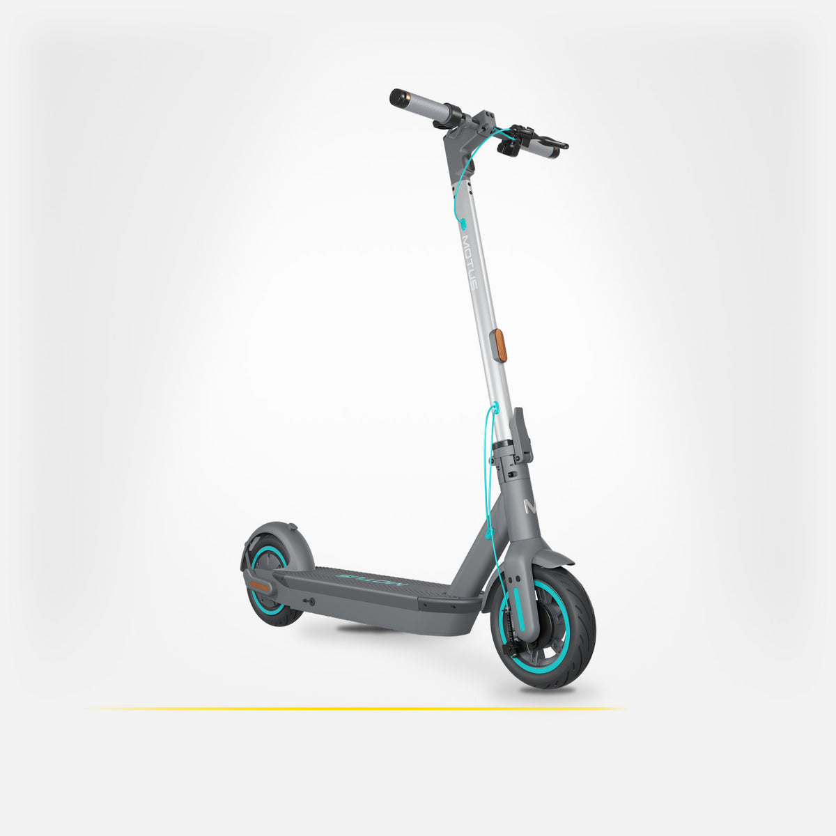 Hulajnoga elektryczna MOTUS Scooty 10 GEN6 w widoku 3/4 z przodu z prawej, rozłożona, jasne studio.