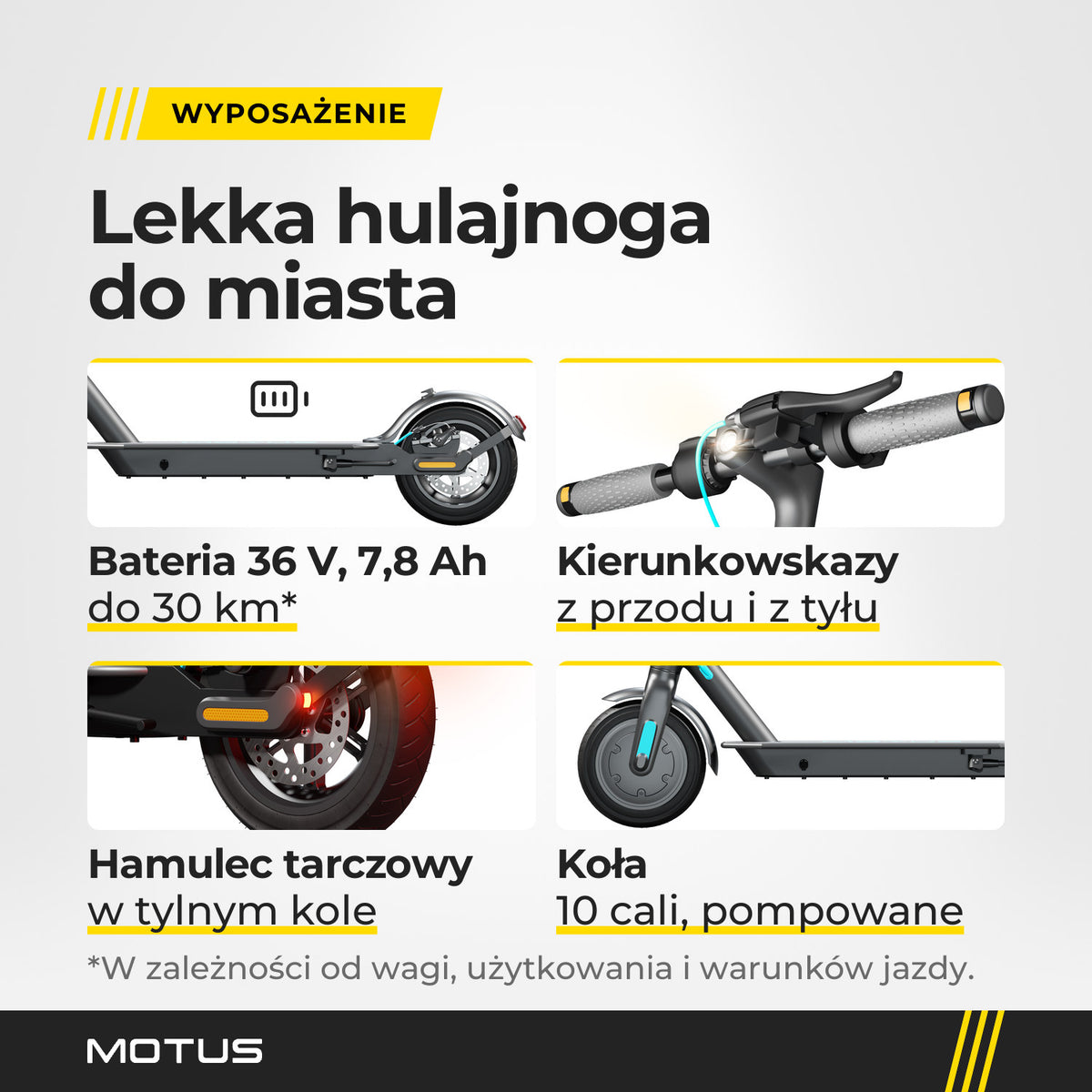 Zbliżenia hulajnogi elektrycznej MOTUS Scooty 10 Lite GEN5: bateria 36 V 7,8 Ah, kierunkowskazy, hamulec tarczowy w tylnym kole, koła 10 cali.
