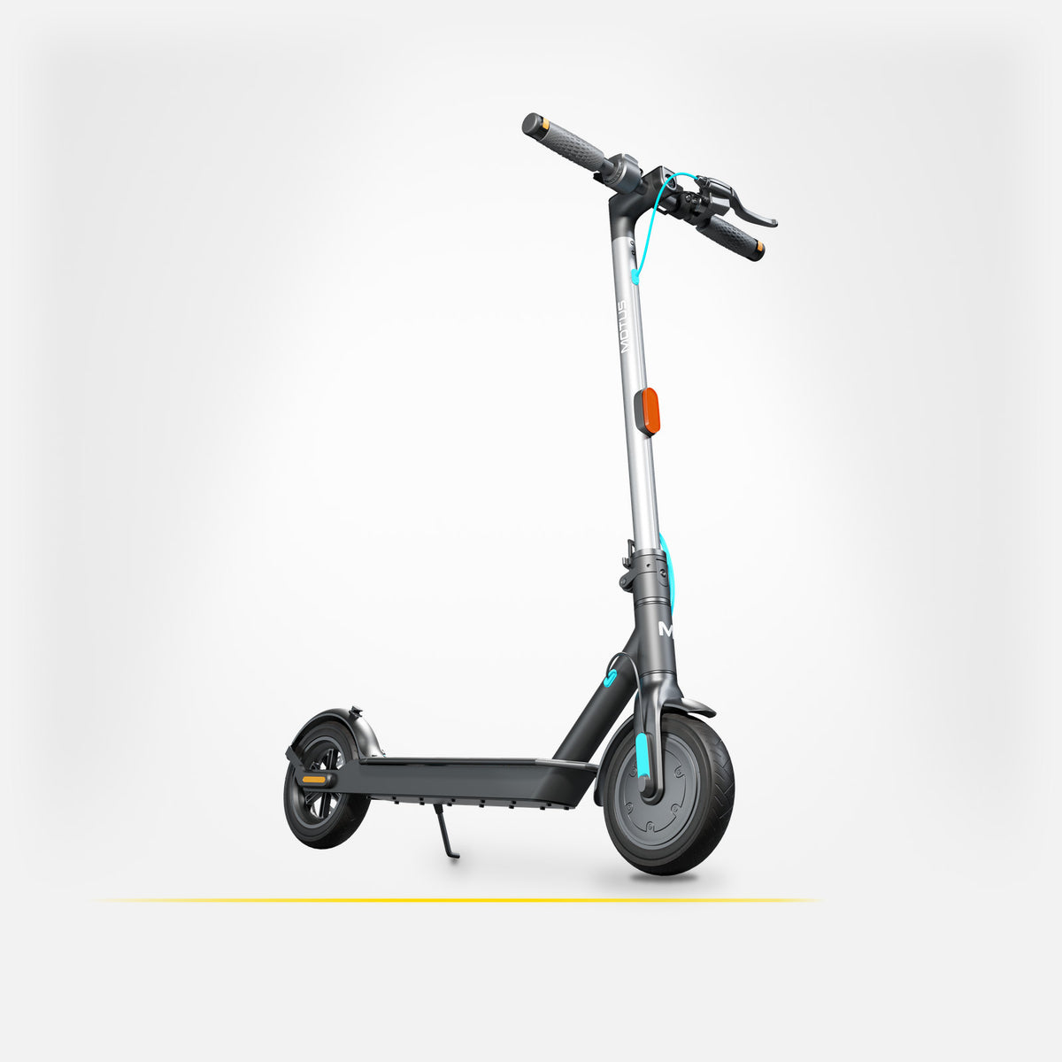 Hulajnoga elektryczna MOTUS Scooty 10 Lite GEN5 na nóżce, widok 3/4 z przodu, jasne studio.