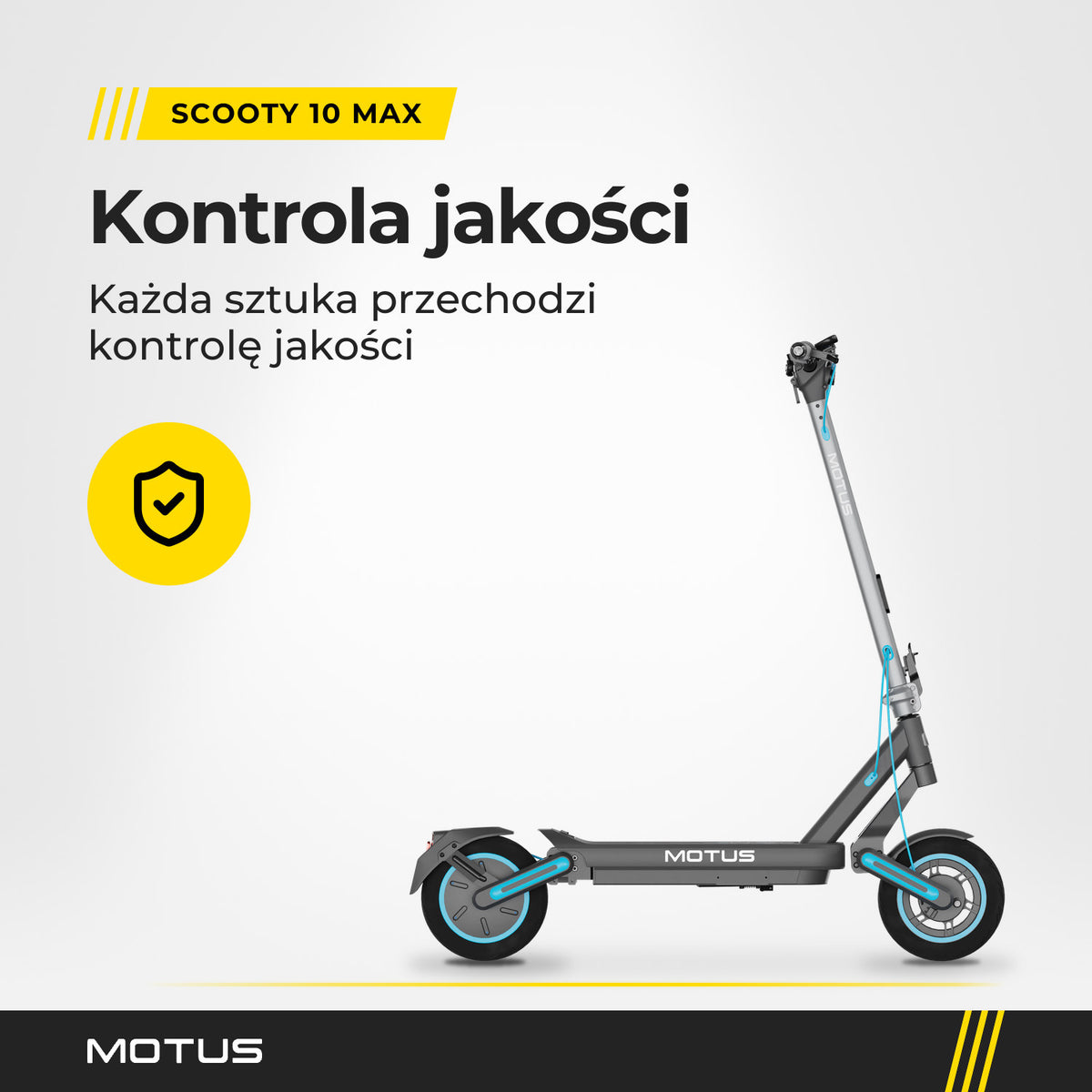 Hulajnoga elektryczna MOTUS Scooty 10 Max z profilu i ikona tarczy: każda sztuka przechodzi kontrolę jakości.