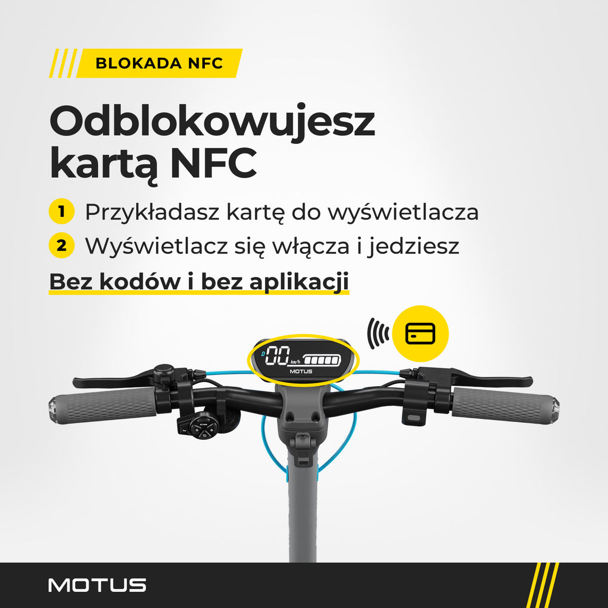 Kierownica hulajnogi elektrycznej MOTUS Scooty 10 Max z wyświetlaczem: odblokowanie kartą NFC w 2 krokach, bez kodów i bez aplikacji.