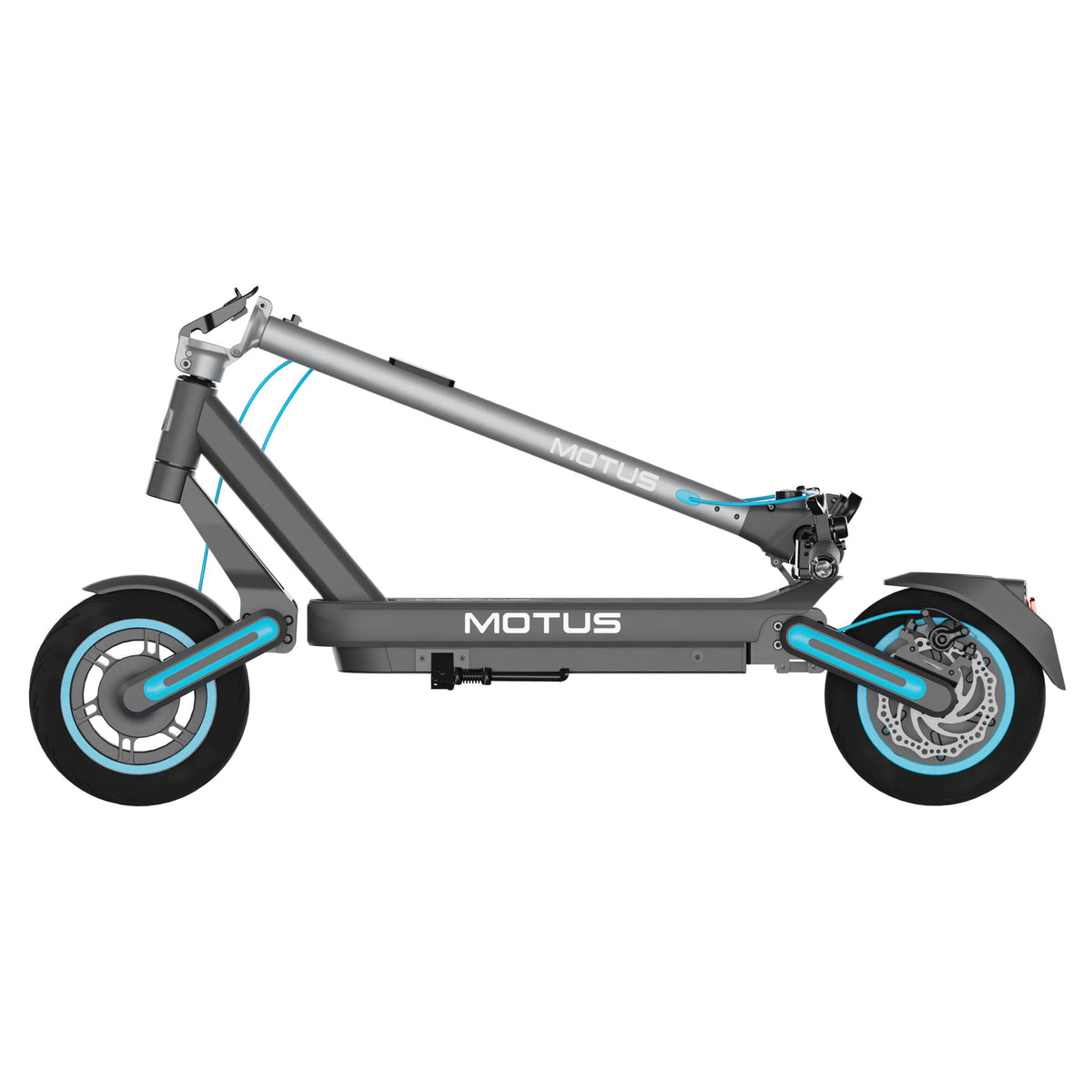 Złożona hulajnoga elektryczna MOTUS Scooty 10 Max z lewego boku: kolumna kierownicy złożona na podest.